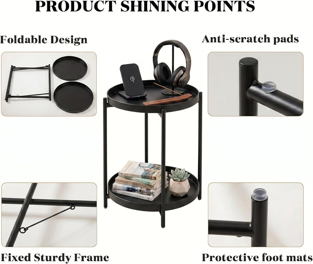 TeoKJ 2 Tier Round Side Table, Folding Round Metal End Table Small Nightstand with Two Removable Tray for Bedroom Living Room Bedside Small Spaces Black