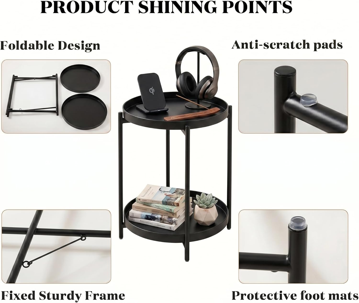 TeoKJ 2 Tier Round Side Table, Folding Round Metal End Table Small Nightstand with Two Removable Tray for Bedroom Living Room Bedside Small Spaces Black