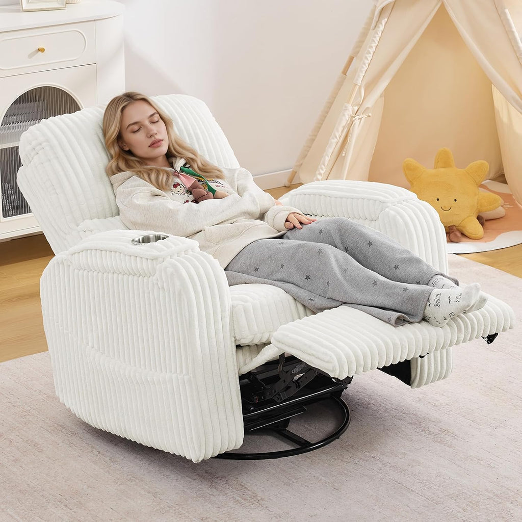 Power Swivel Rocker Recliner,Oversized Glider Recliner Nursery with Adjustable Headrest,Rocking Chair Nursery Recliner with Removable Cushion and Arm Storage for Living Room,Infinite Position,White