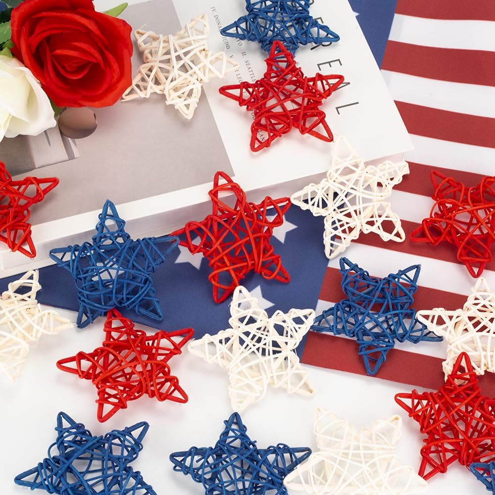 18 Pcs 4th of July Decorations Patriotic Rattan Star Decor Red White and Blue Decorations 3.1 Inch Independence Day Table Decor Party Decorations Vase Bowl Fillers