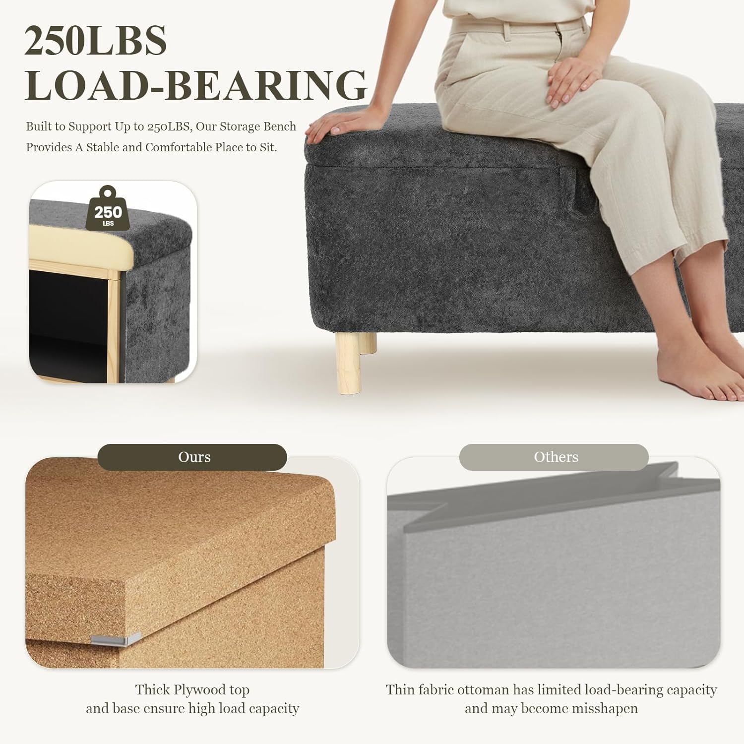 Ottoman with Storage, Storage Ottoman Bench, Entryway Bench with Wood Legs for Living Room, Bedroom, Sitting Area, Dark Grey
