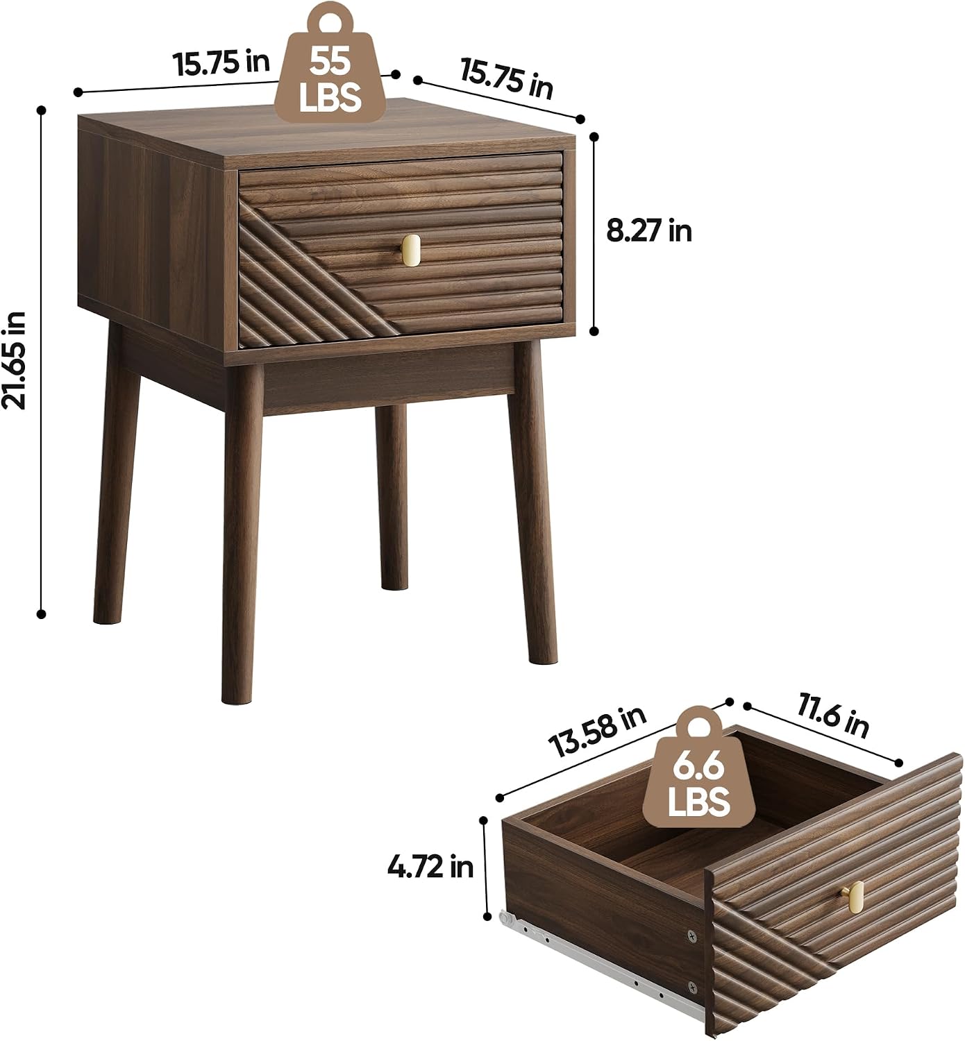 Mid Century Modern Nightstand Set of 2,Side Table with Storage Drawer,Bedside Table for Living Room Bedroom,Walnut