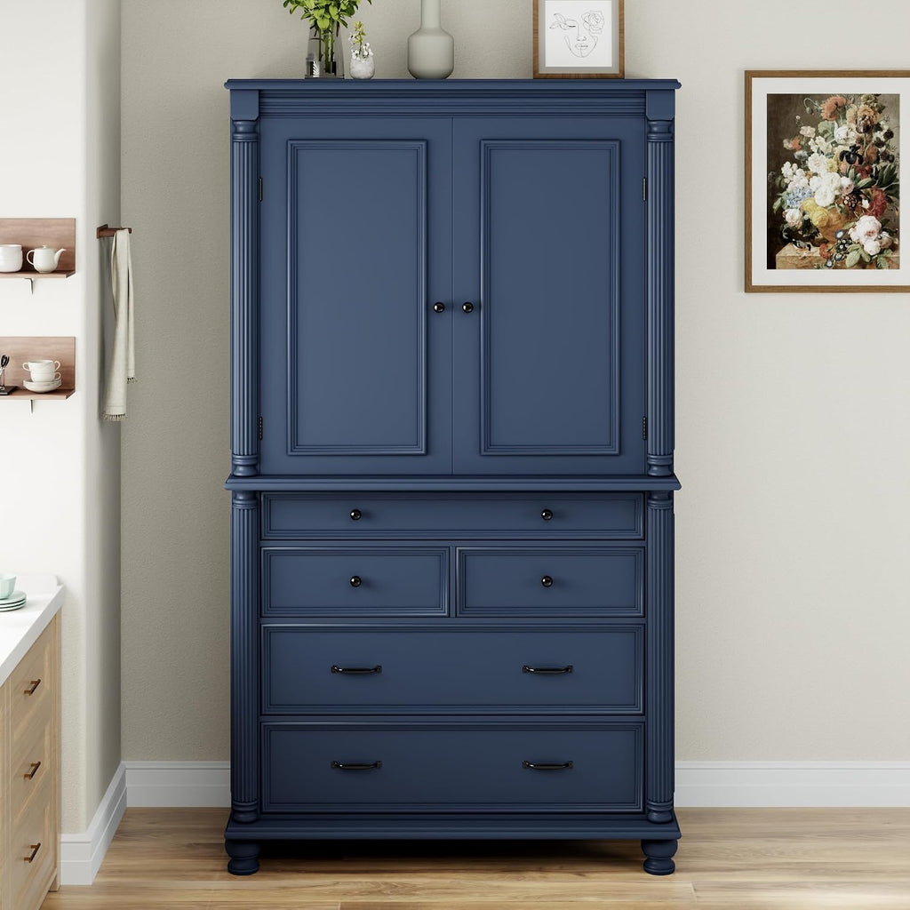 Spaco 77.3" Tall Kitchen Pantry Cabinet,Modern Pantry Storage Cabine with 6 Door Shelves,2 Adjustable Shelves and 5 Drawers,Freestanding Buffet Cupboard for Kitchen,Dining Room. (Blue)