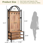 76.8" Hall Tree with Bench and Shoe Storage, 6-in-1 Entryway Coat Rack with 5 Hooks, Arched Hall Tree for Entryway, Mudroom or Foyer, Metal Frame Shoe Organizer with Open Bottom Shelf, Natural