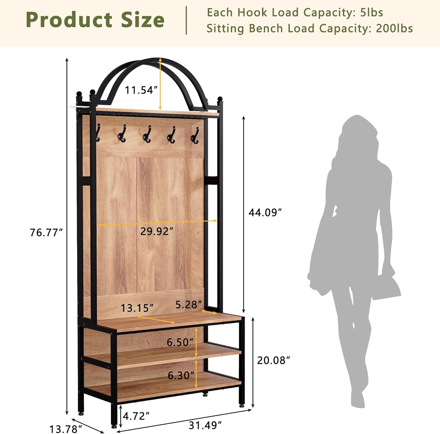 76.8" Hall Tree with Bench and Shoe Storage, 6-in-1 Entryway Coat Rack with 5 Hooks, Arched Hall Tree for Entryway, Mudroom or Foyer, Metal Frame Shoe Organizer with Open Bottom Shelf, Natural