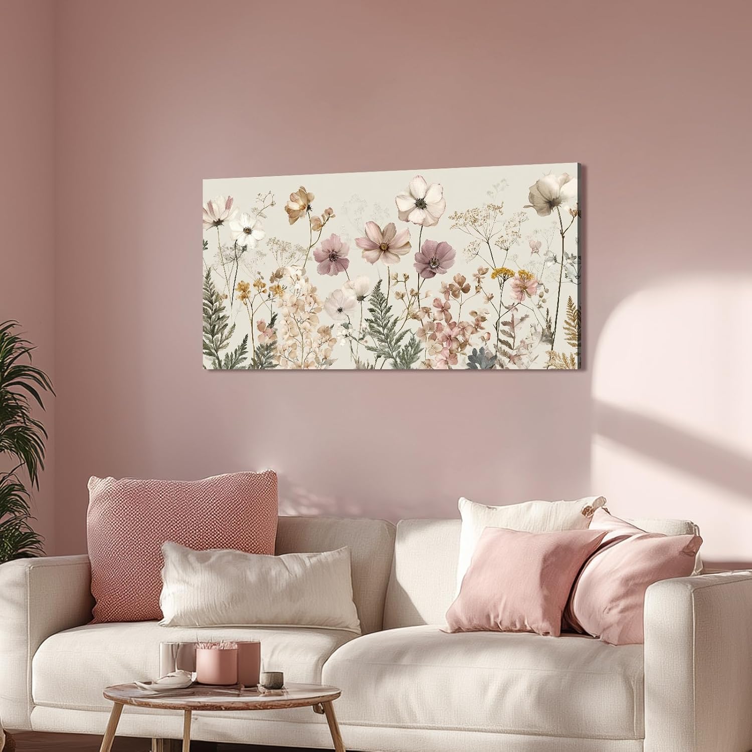 BewDalky Vintage Wildflower Canvas Wall Art Rustic Farmhouse Botanical Floral Landscape Painting Beige Pink Watercolor Meadow Flower Artwork Prints for Bedroom Living Room Aesthetic Home Decor 12"x24"