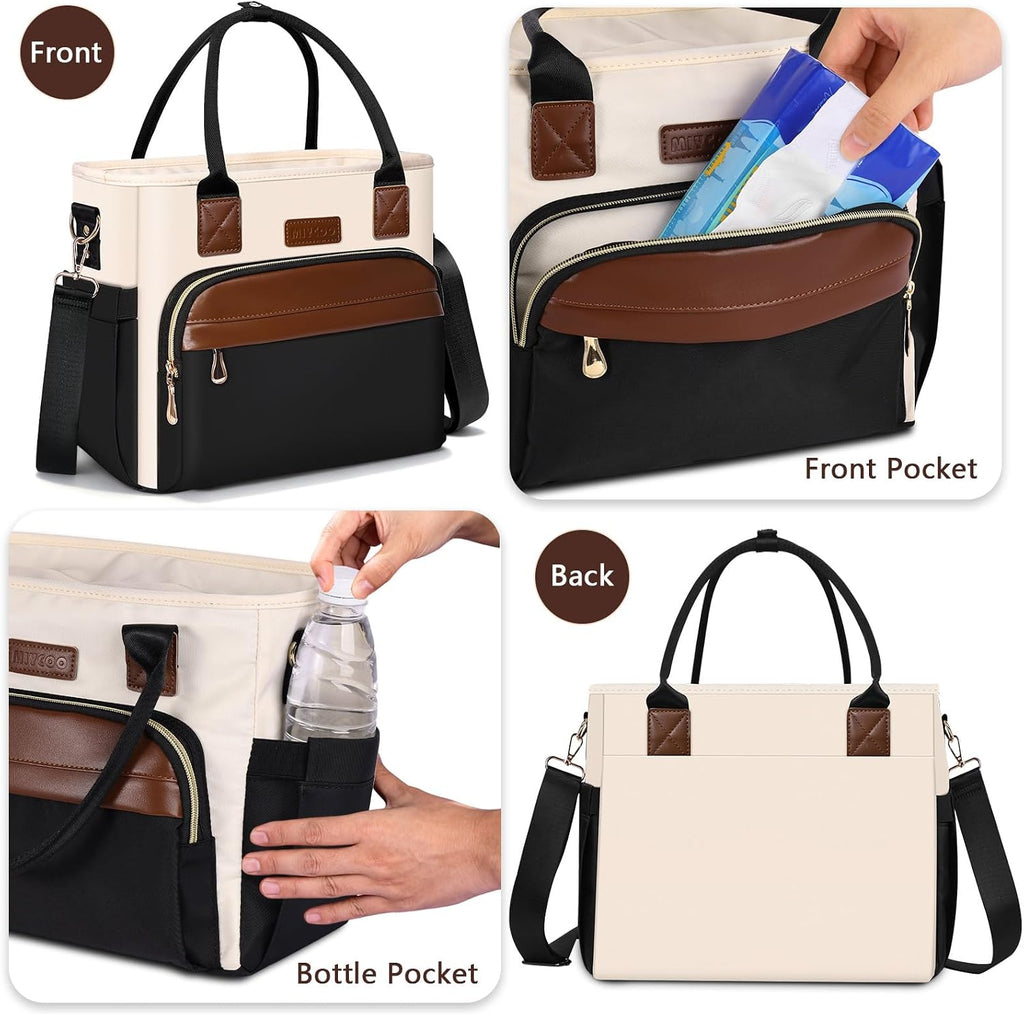 MIYCOO Lunch Bag Lunch Box Women - Leakproof Insulated Lunch Cooler Bag for Women - Large Lunch Tote Bags Adults, Black with Off White with Brown