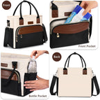 MIYCOO Lunch Bag Lunch Box Women - Leakproof Insulated Lunch Cooler Bag for Women - Large Lunch Tote Bags Adults, Black with Off White with Brown
