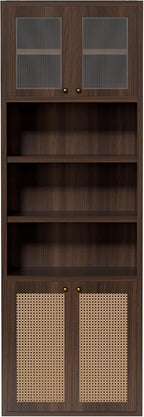 71.3''Tall Kitchen Pantry Cabinet with Oversized Open Shelf & Coffee Station,Tall Extra Deep Enclosed Storage, Fluted Rattan Doors,Adjustable Shelves, Anti-Tip, for Multi-Room Use,Brown