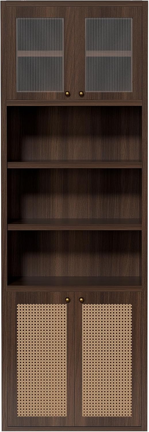 71.3''Tall Kitchen Pantry Cabinet with Oversized Open Shelf & Coffee Station,Tall Extra Deep Enclosed Storage, Fluted Rattan Doors,Adjustable Shelves, Anti-Tip, for Multi-Room Use,Brown