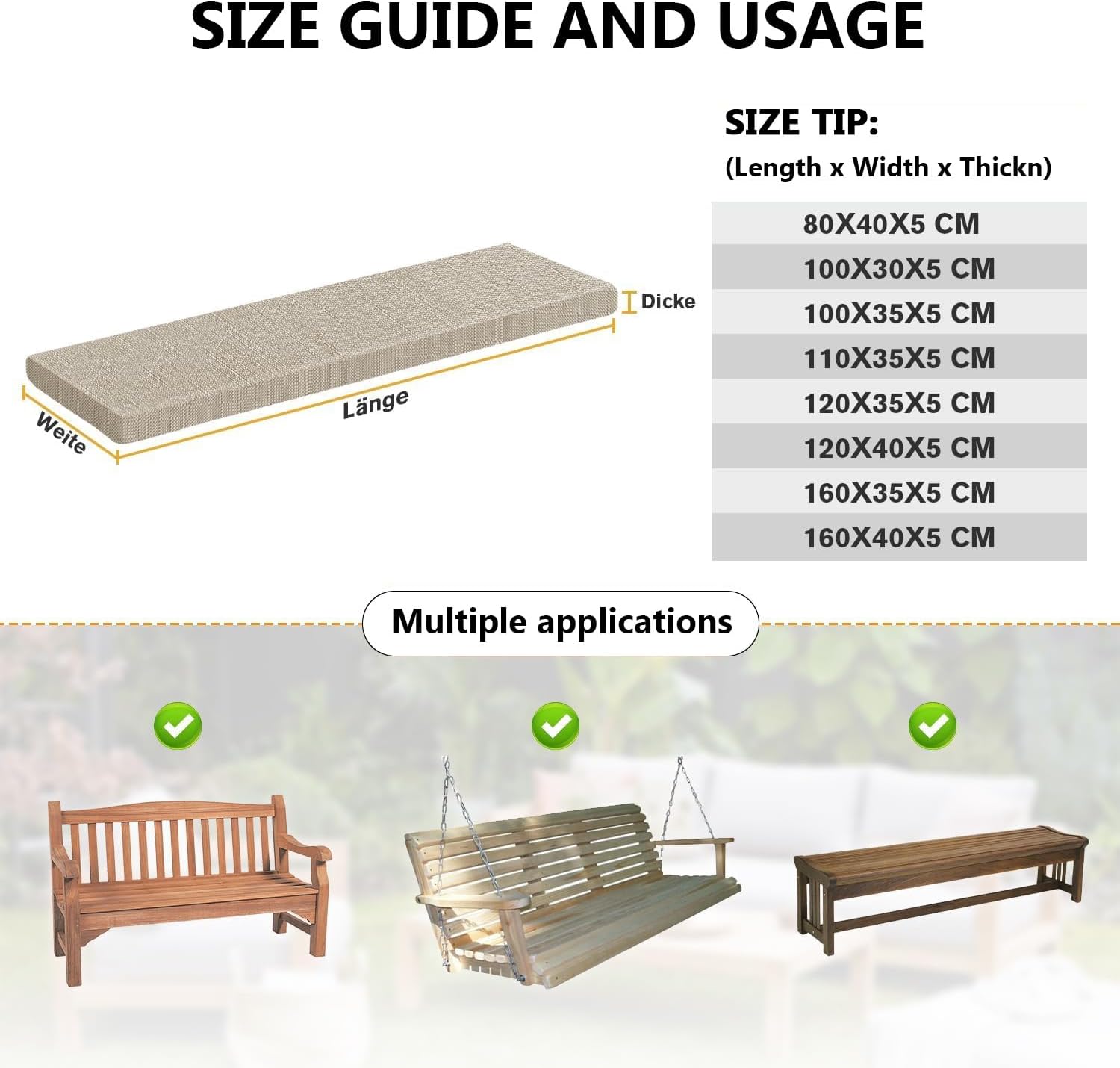 Bench Cushion 5cm Thick,Bench Seat Pad 80/100/120/140/160/180cm Linen Bench Seat Cushion 1/2/3 Seater for Indoor Outdoor Patio Garden Sofa Furniture(Blue,200x30x5cm)
