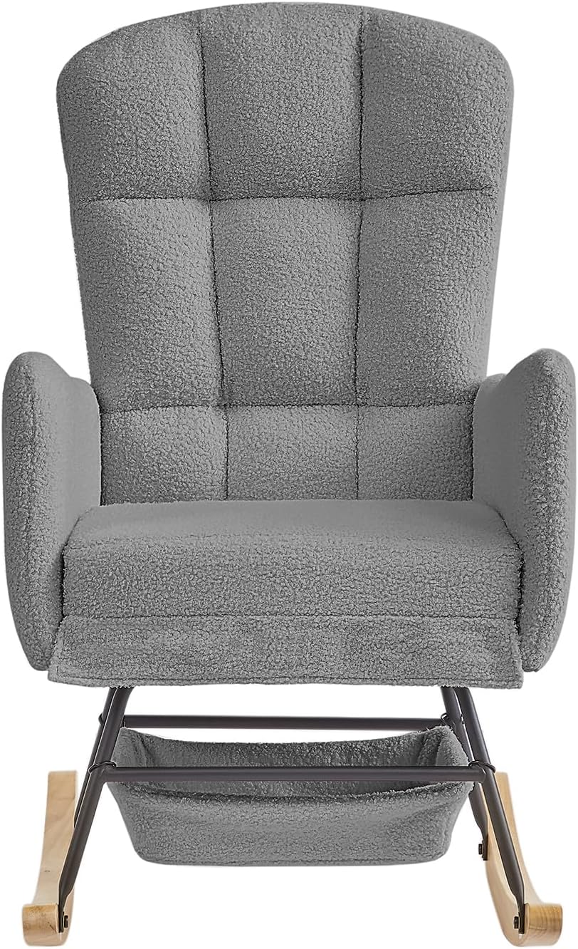 Grey Teddy Rocking Chair Outdoor Adulto Bedroom Nursery Indoor Wooden,A3 | Soft teddy fabric surface, high backrest, well-placed armrests, easy assembly with detailed instructions