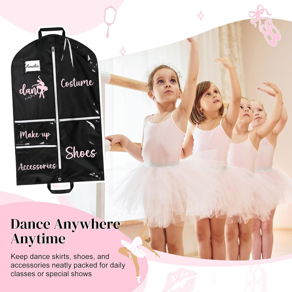 DEEKA 2 Pack Dance Garment Bag for Hanging Clothes with Zipper Pockets Dance Accessories Essentials Uniform Costume 40 Inch Dress Bags for Dance Competition Girls (Black,Pink)