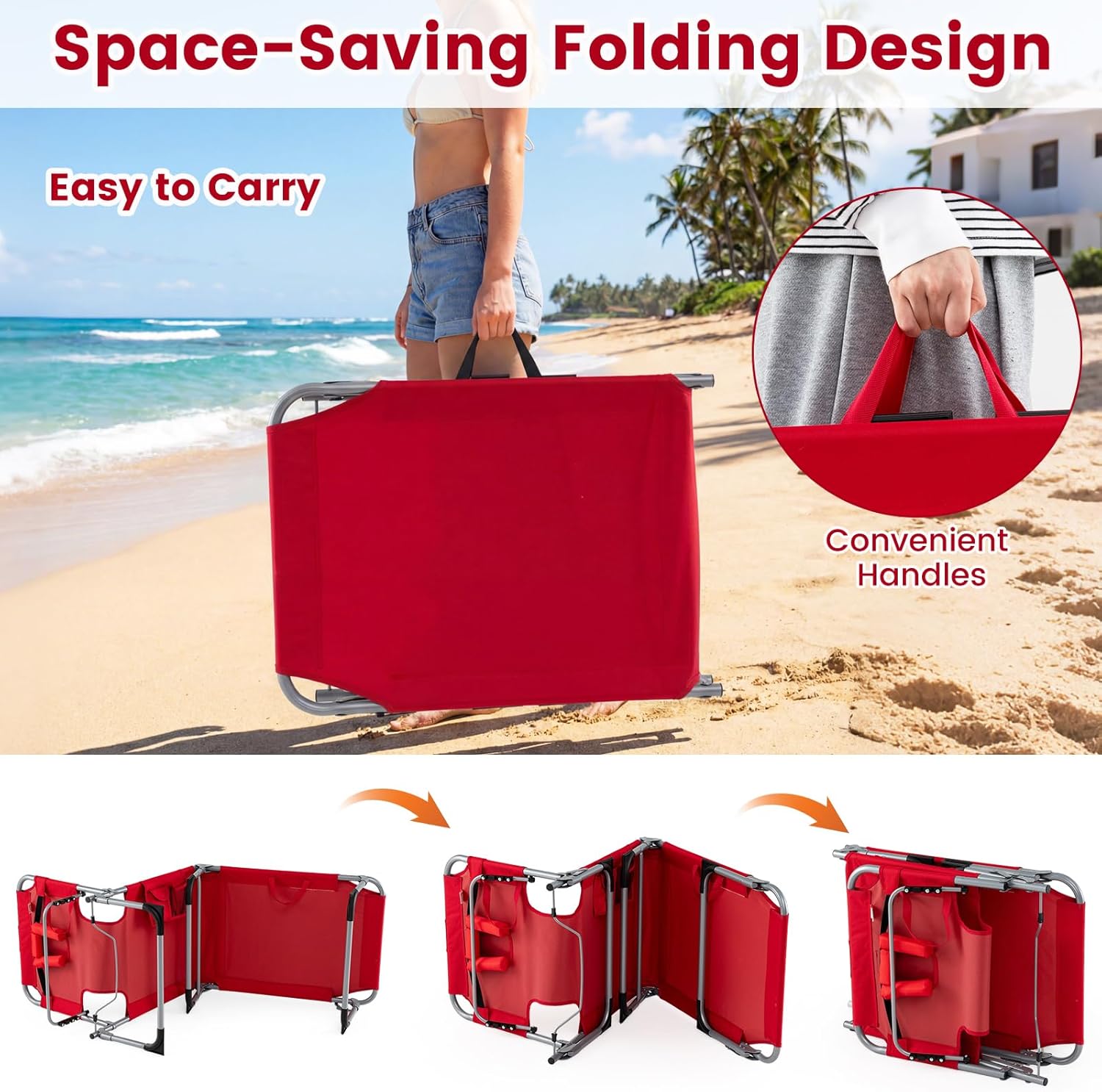 COSTWAY Tanning Chair with Face Hole, Folding Beach Lounge Chair with 4-Position Adjustable Backrest, Pillow & Side Pocket, Foldable Chaise Lounge Chair Outdoor for Sunbathing, Camping (1, Red)