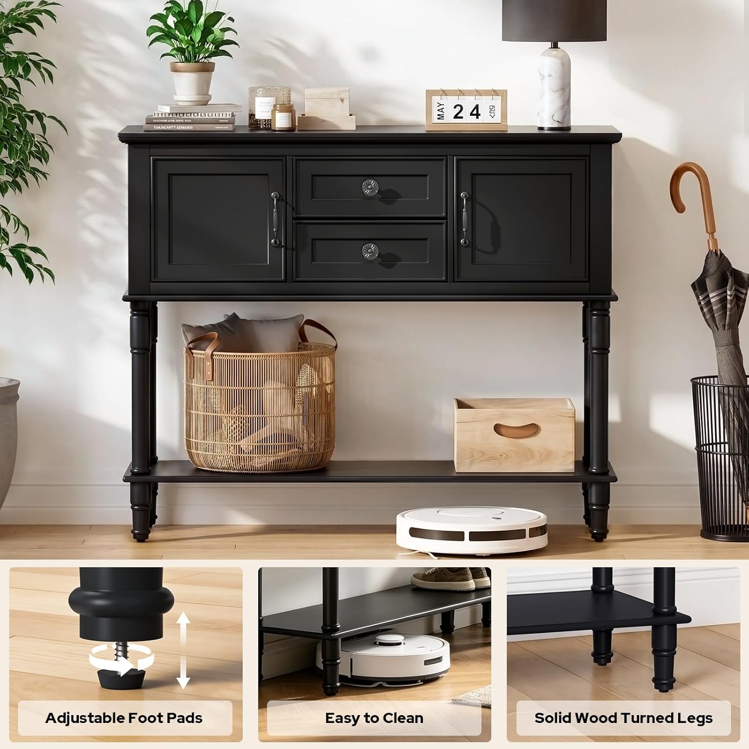 Console Table with 2 Soft-Close Cabinet Doors, Retro Narrow Entryway Table with 2 Drawers & Open Storage Shelf, 42" Long Behind Couch Sofa Table for Living Room, Foyer, Hallway, Coffee Bar (Black)