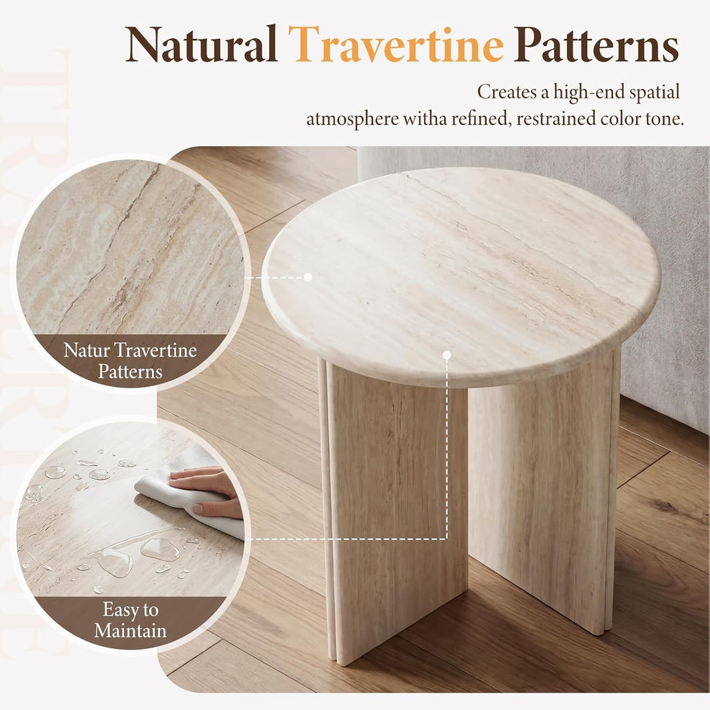 DUOMAY Wood Round Side Table Small Faux Marble Bedside Table 18" Modern End Table Natural Travertine Finish for Living Room, Bedroom, Sofa Side, Reception Room, Luxury Minimalist, Beige