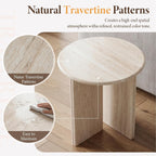 DUOMAY Wood Round Side Table Small Faux Marble Bedside Table 18" Modern End Table Natural Travertine Finish for Living Room, Bedroom, Sofa Side, Reception Room, Luxury Minimalist, Beige