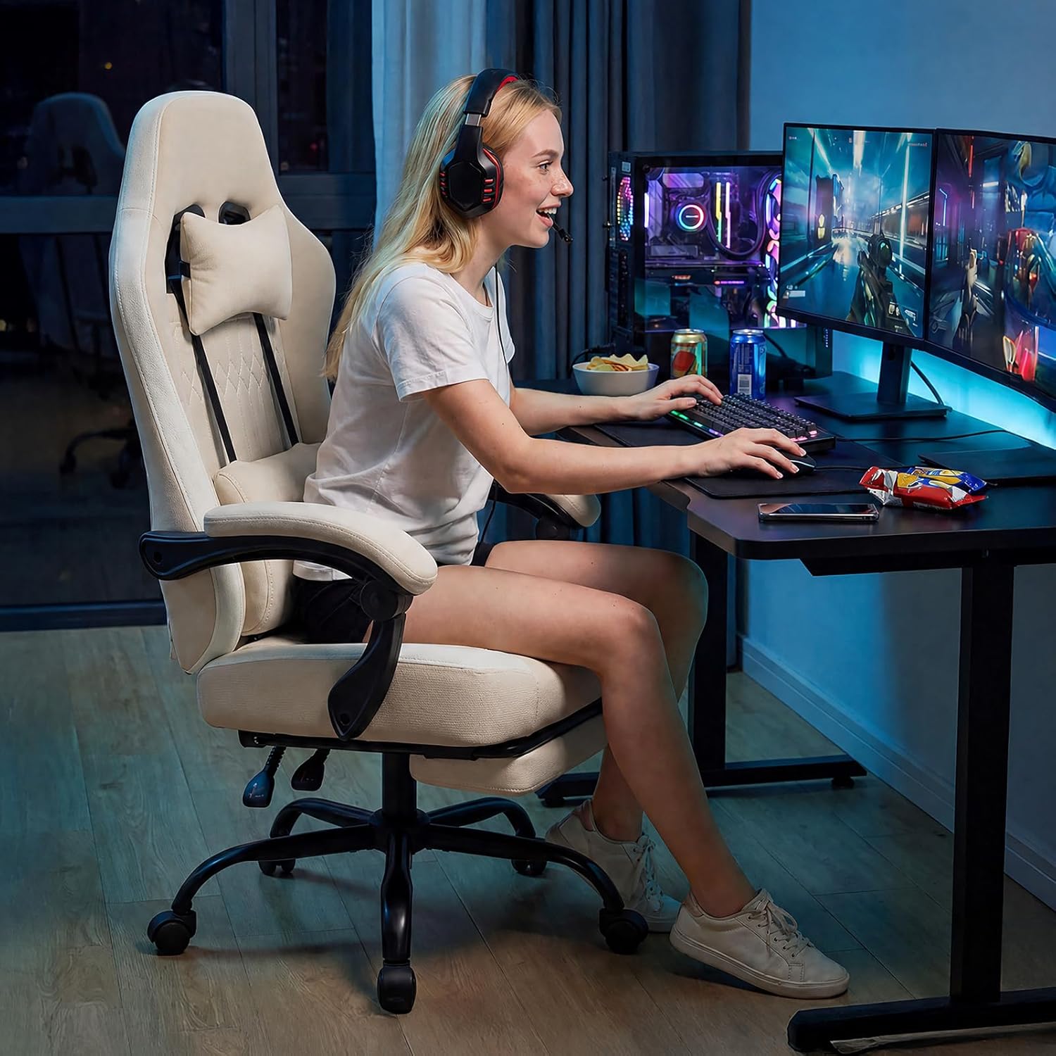 Computer Gaming Chair - High Back Ergonomic Desk Chair with Footrest and Lumbar Support, Height Adjustable Task Chair with Linkage Armrests and Headrest, 360° Swivel Wheels, Khaki