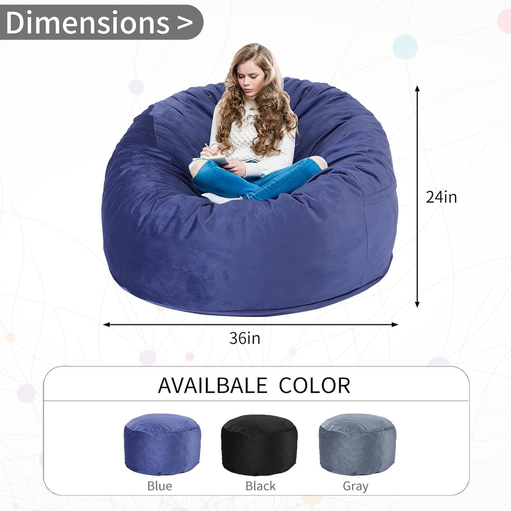 3 Feet Bean Bag Chair, Memory Foam Filled, Removable Cover, Bean Bag Chairs for Adults and Teens, Round Sofa Chair for Living Room, Bedroom and Gaming Room, Blue
