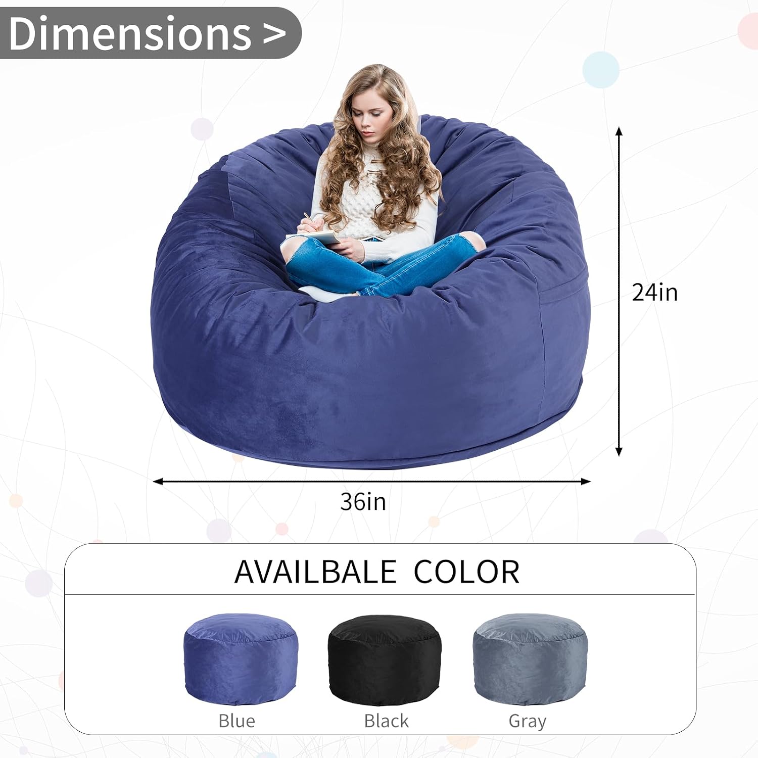 3 Feet Bean Bag Chair, Memory Foam Filled, Removable Cover, Bean Bag Chairs for Adults and Teens, Round Sofa Chair for Living Room, Bedroom and Gaming Room, Blue