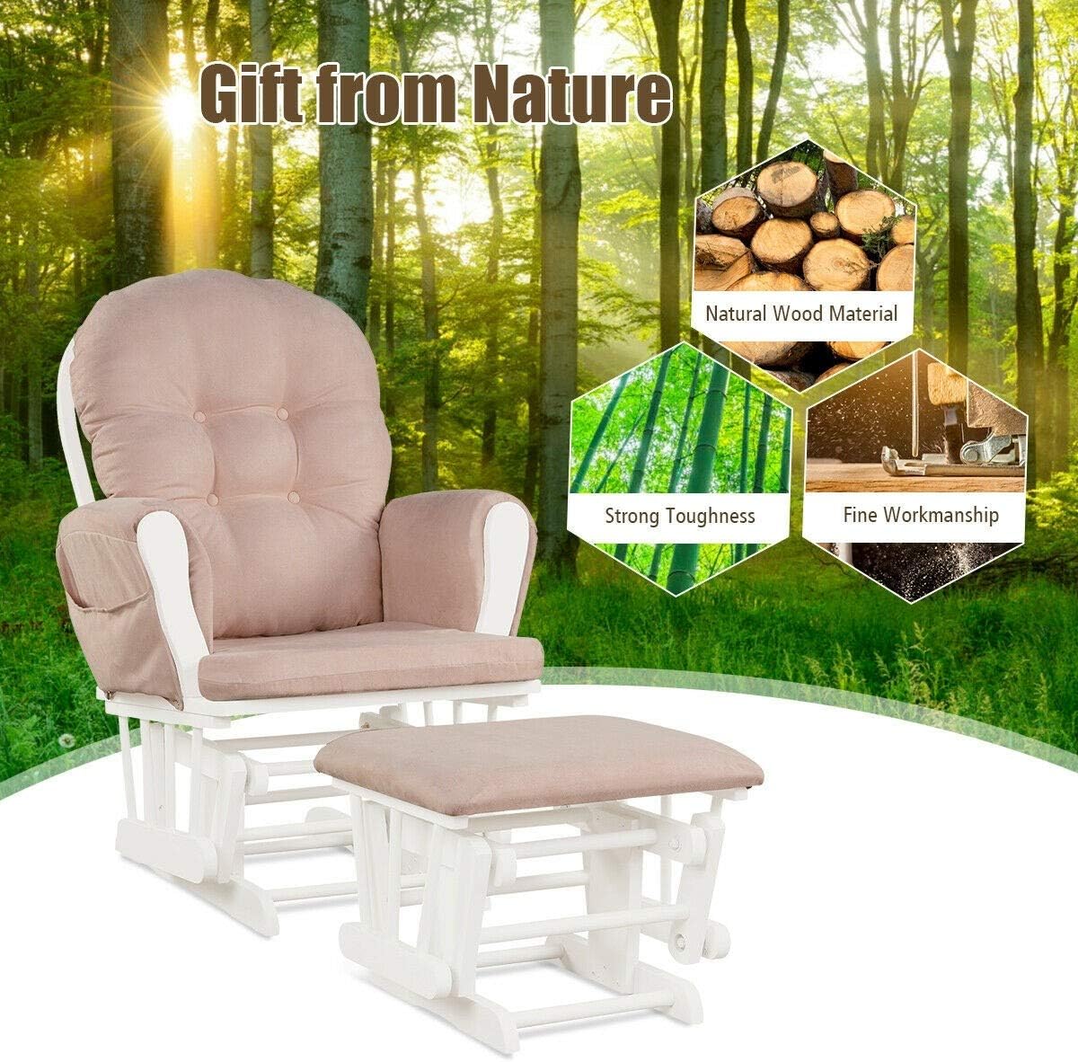 Nursery Rocking Chairs Nursery Glider Rocking Chair Wood Baby Rocker with Ottoman Cushion Upholstered Nursing Chair with Padded Arms (Pink)