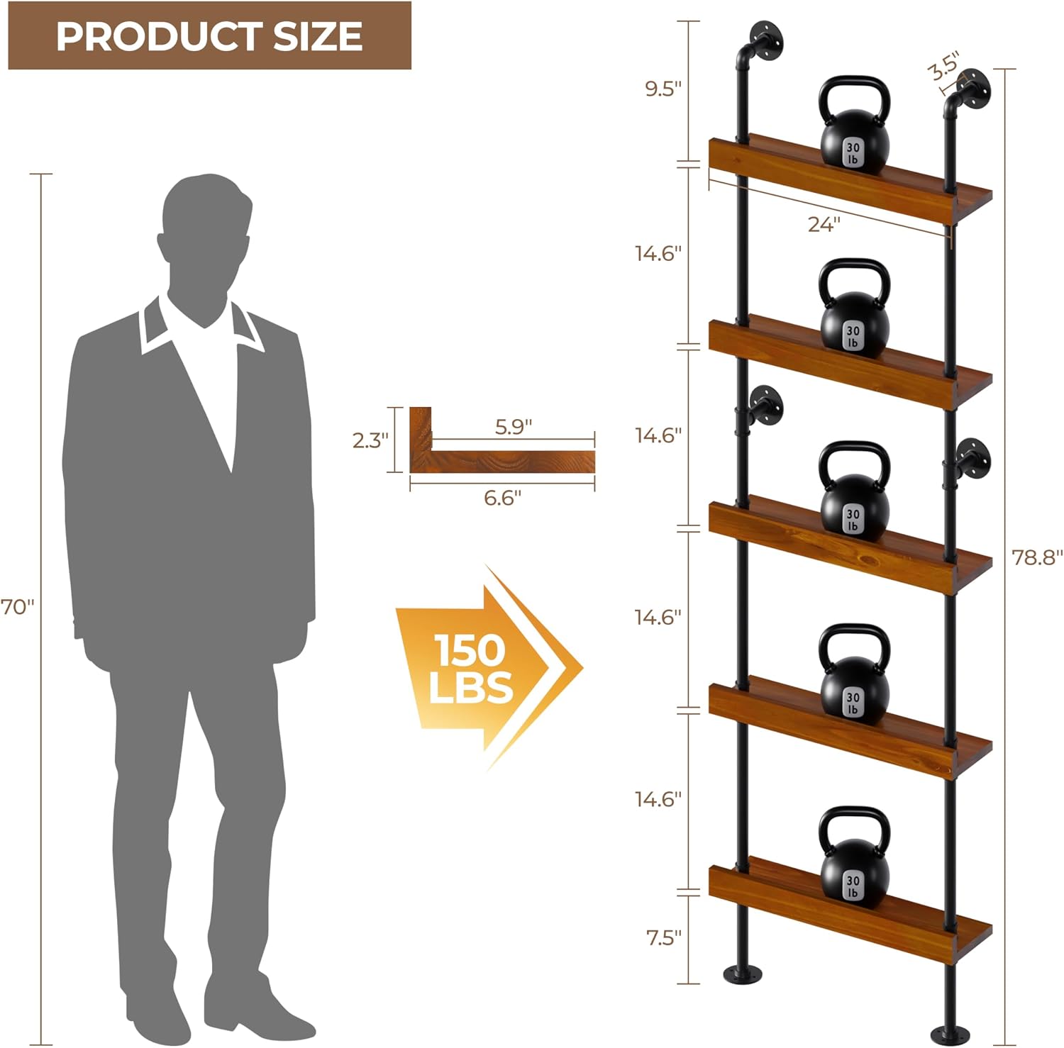 Industrial Bar Shelves, Wine Rack Wall Mounted, Walnut, 24 Inch | solid pinewood, industrial iron pipe, 5 tier, 30 lbs per shelf, with LED light, for kitchen, bar, cellar