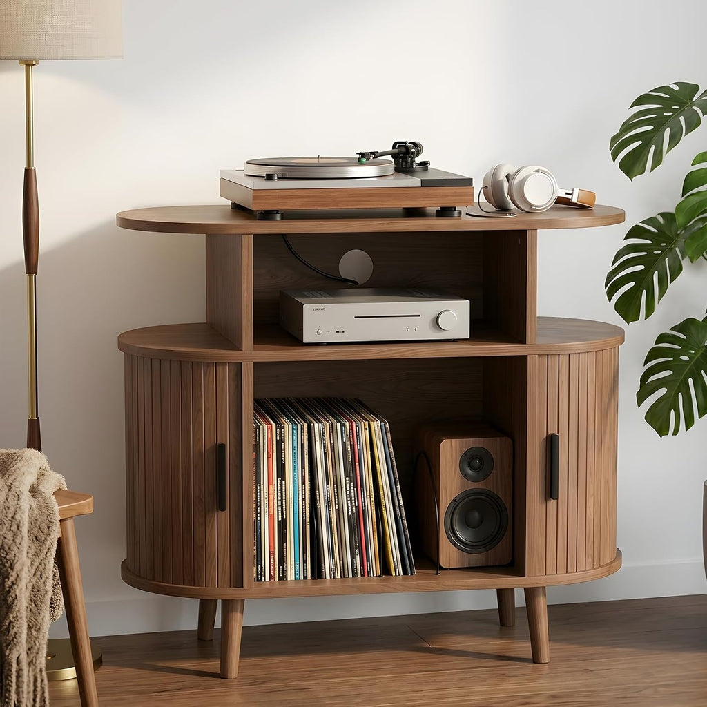 35" Record Player Stand with Storage and Shelves, Vinyl Record Cabinet with Power Outlets, Mid-Century Modern Record Table，Storage Furniture for Living Room and Bedroom,Walnut