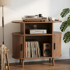 35" Record Player Stand with Storage and Shelves, Vinyl Record Cabinet with Power Outlets, Mid-Century Modern Record Table，Storage Furniture for Living Room and Bedroom,Walnut