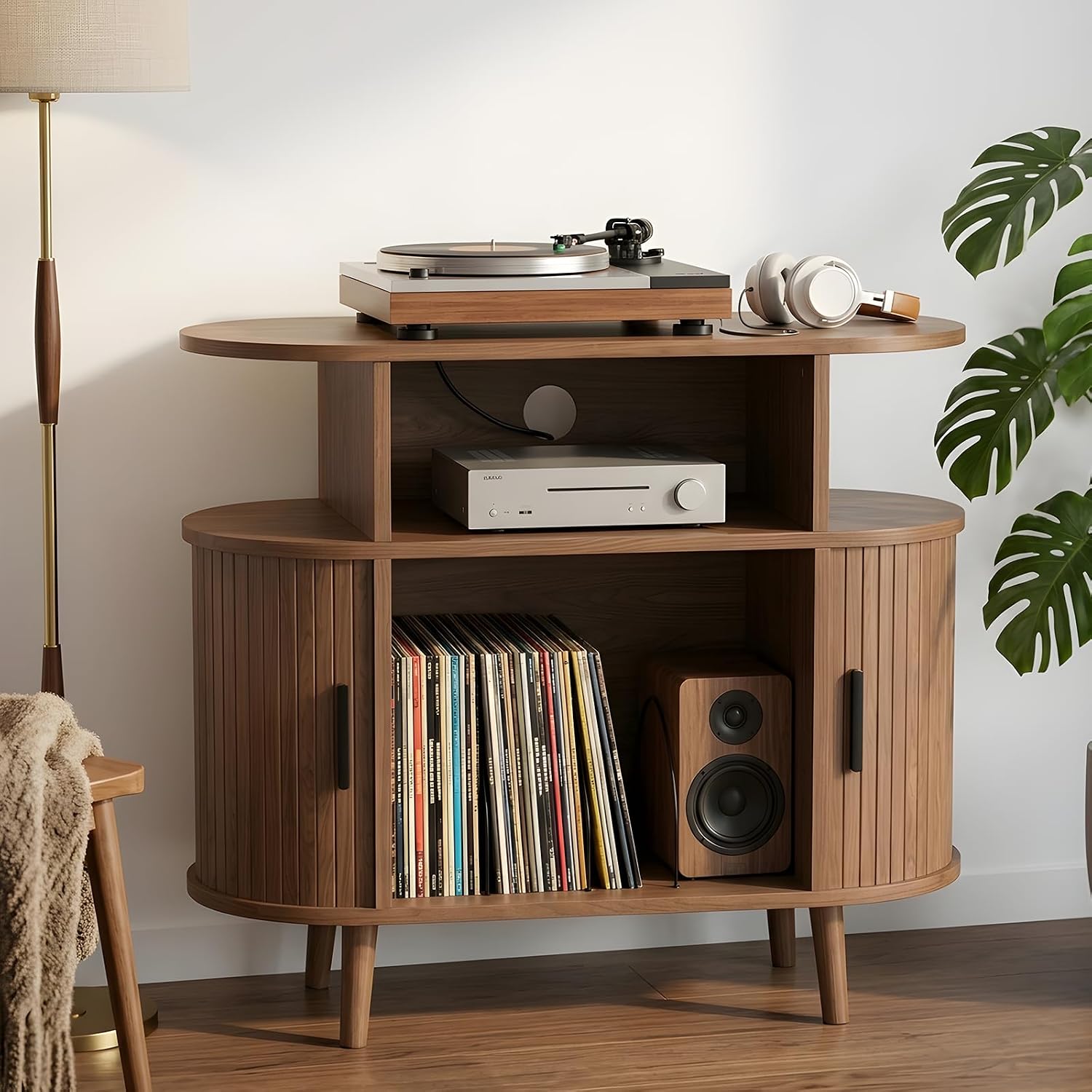 35" Record Player Stand with Storage and Shelves, Vinyl Record Cabinet with Power Outlets, Mid-Century Modern Record Table，Storage Furniture for Living Room and Bedroom,Walnut