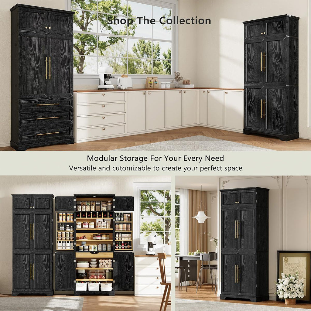 78.2" Tall Farmhouse Kitchen Pantry Cabinet with 8 Door Shelves & 4 Adjustable Shelves, Modern Storage Cabinet with Hidden Drawer & Wine Rack, Versatile Storage Cupboard for Kitchen (Black)