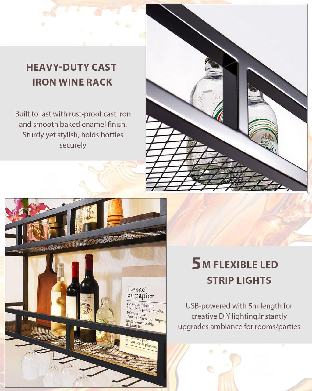 39" Wall Mounted Wine Rack with Bottle Glass Holder, 3-Tiers Metal Bar Shelves for Liquor Bottles with LED Light, Wall Wine Rack for Home, Restaurant, Commercial Bar, Kitchen Storage Display