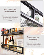 39" Wall Mounted Wine Rack with Bottle Glass Holder, 3-Tiers Metal Bar Shelves for Liquor Bottles with LED Light, Wall Wine Rack for Home, Restaurant, Commercial Bar, Kitchen Storage Display