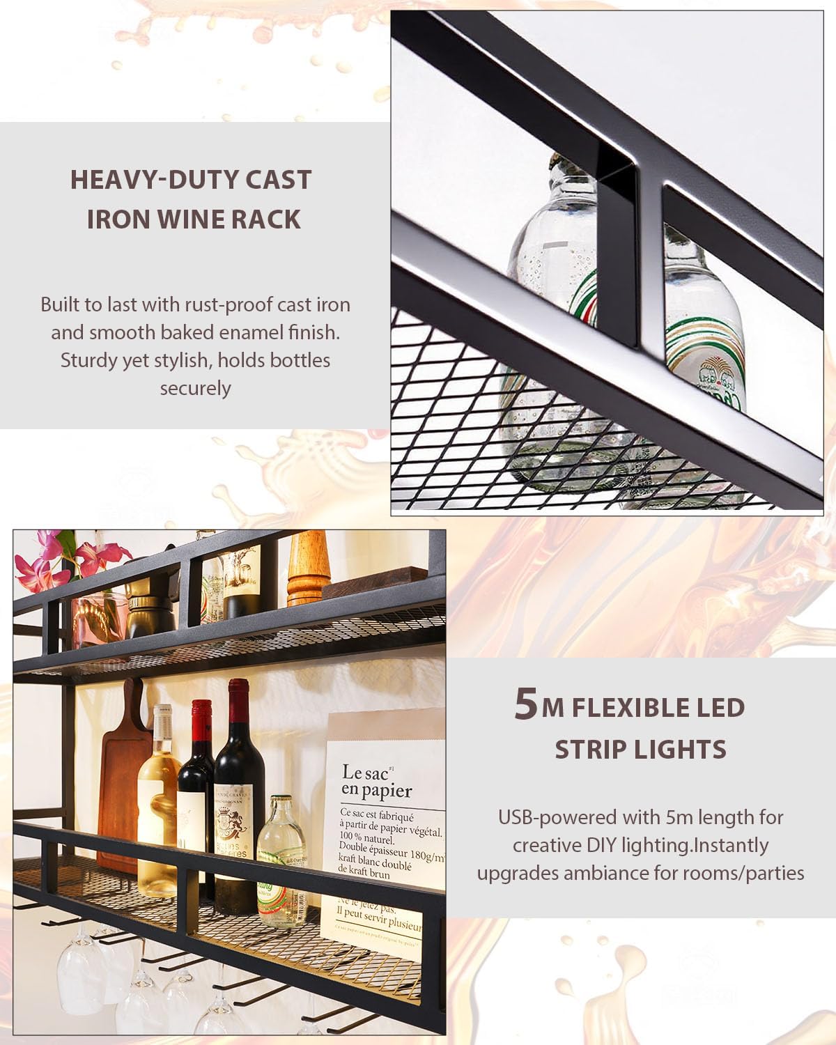 39" Wall Mounted Wine Rack with Bottle Glass Holder, 3-Tiers Metal Bar Shelves for Liquor Bottles with LED Light, Wall Wine Rack for Home, Restaurant, Commercial Bar, Kitchen Storage Display
