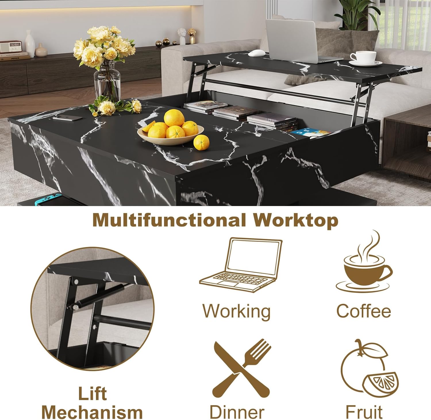 35.4" Large Square Coffee Table with Lifting top,Charging Station,Modern 2-Tier Square Center Table w/Hidden Compartment Storage,Tea Table with Wood Grain for Living Room, Office,Black Marble