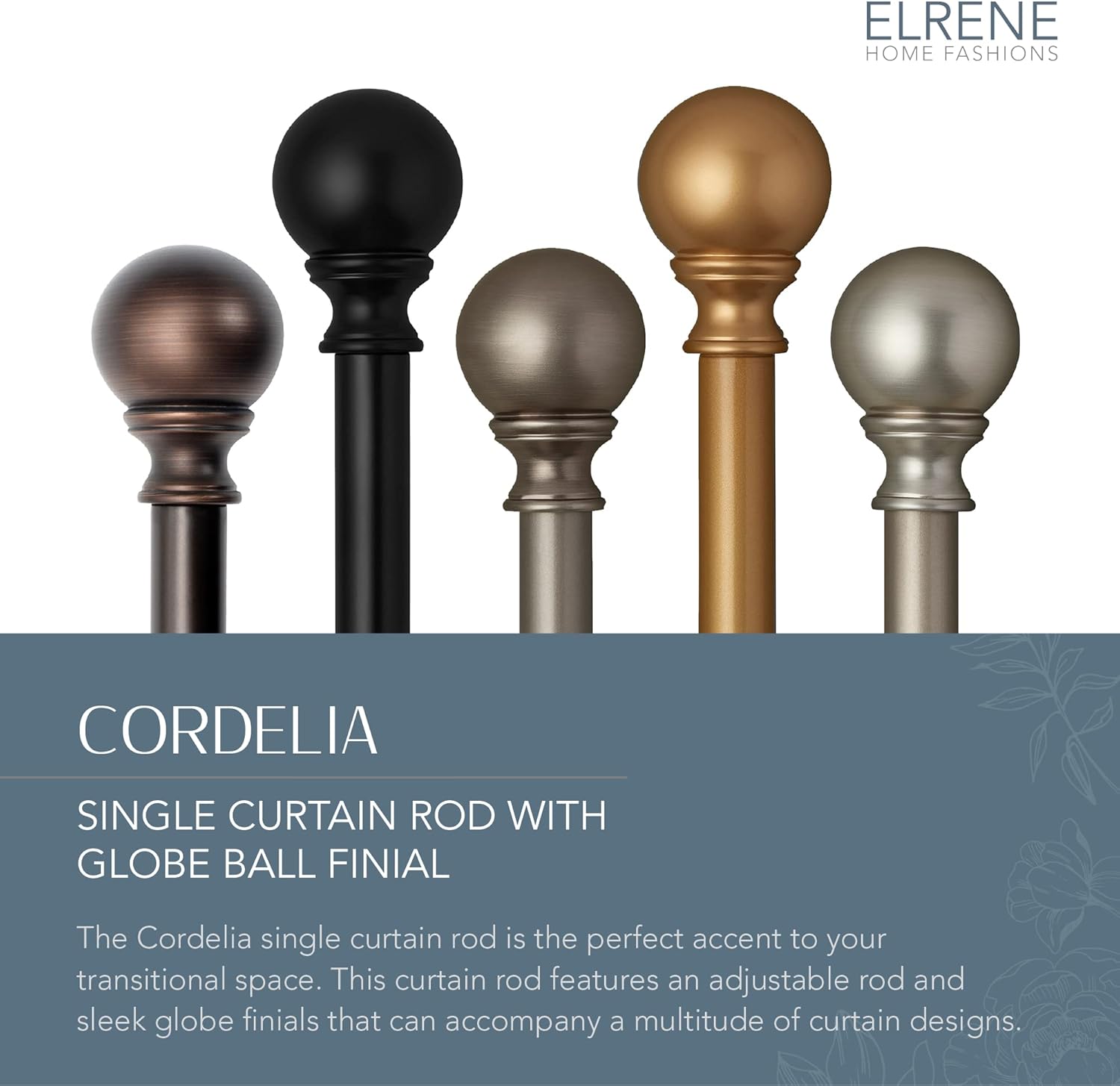 Elrene Home Fashions Cordelia Adjustable Single Curtain Rod with Globe Ball Finials, 1 Inch Diameter, Antique Pewter, 48"-86"