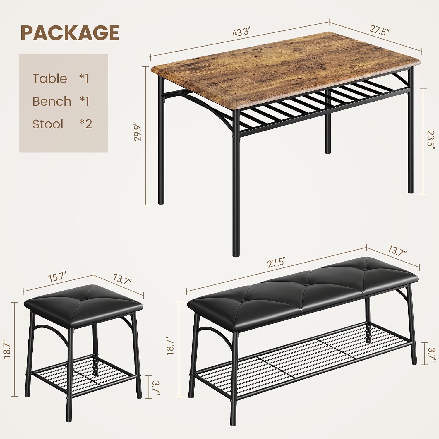 Dining Table Set for 4, Kitchen Table Set with 2 Chairs and 1 Bench, Modern Metal Frame Dining Furniture Set with Storage Rack for Small Space, Apartment, Restaurant