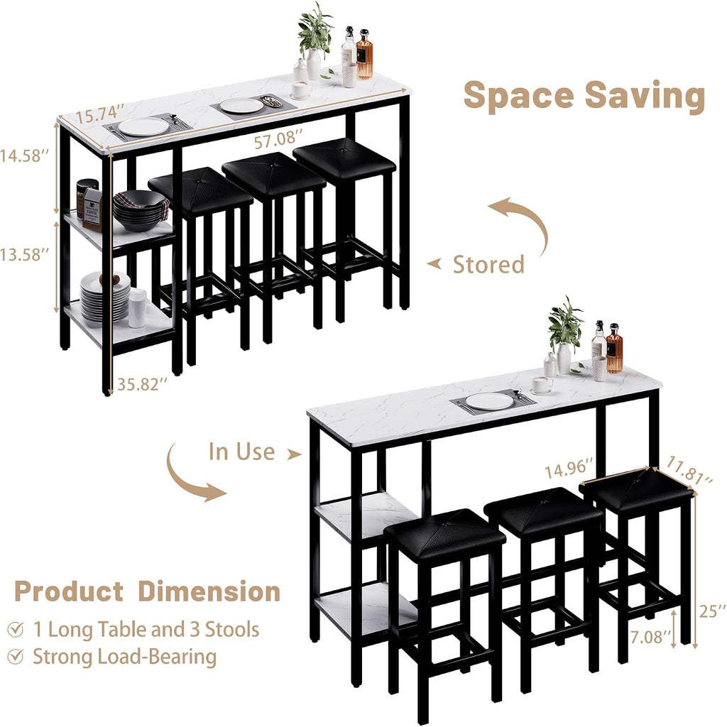 uhomepro 4-Piece Kitchen Bar Table Set with Storage Shelves - 57.1” Sofa Table with Stools, Simple Style, Easy Assembly, Perfect for Small Spaces, Restaurants, and Studio Apartments (White+Black)