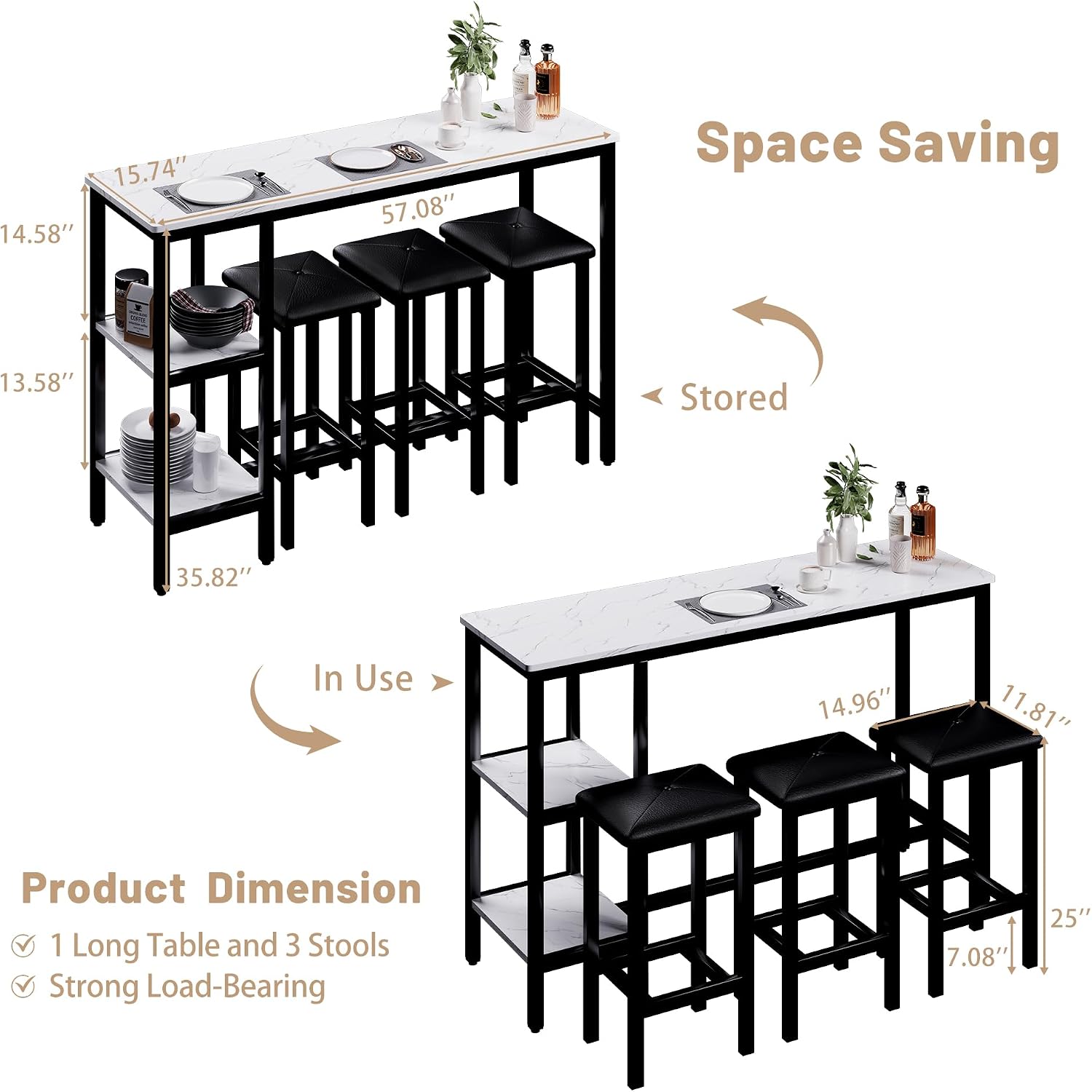 uhomepro 4-Piece Kitchen Bar Table Set with Storage Shelves - 57.1” Sofa Table with Stools, Simple Style, Easy Assembly, Perfect for Small Spaces, Restaurants, and Studio Apartments (White+Black)