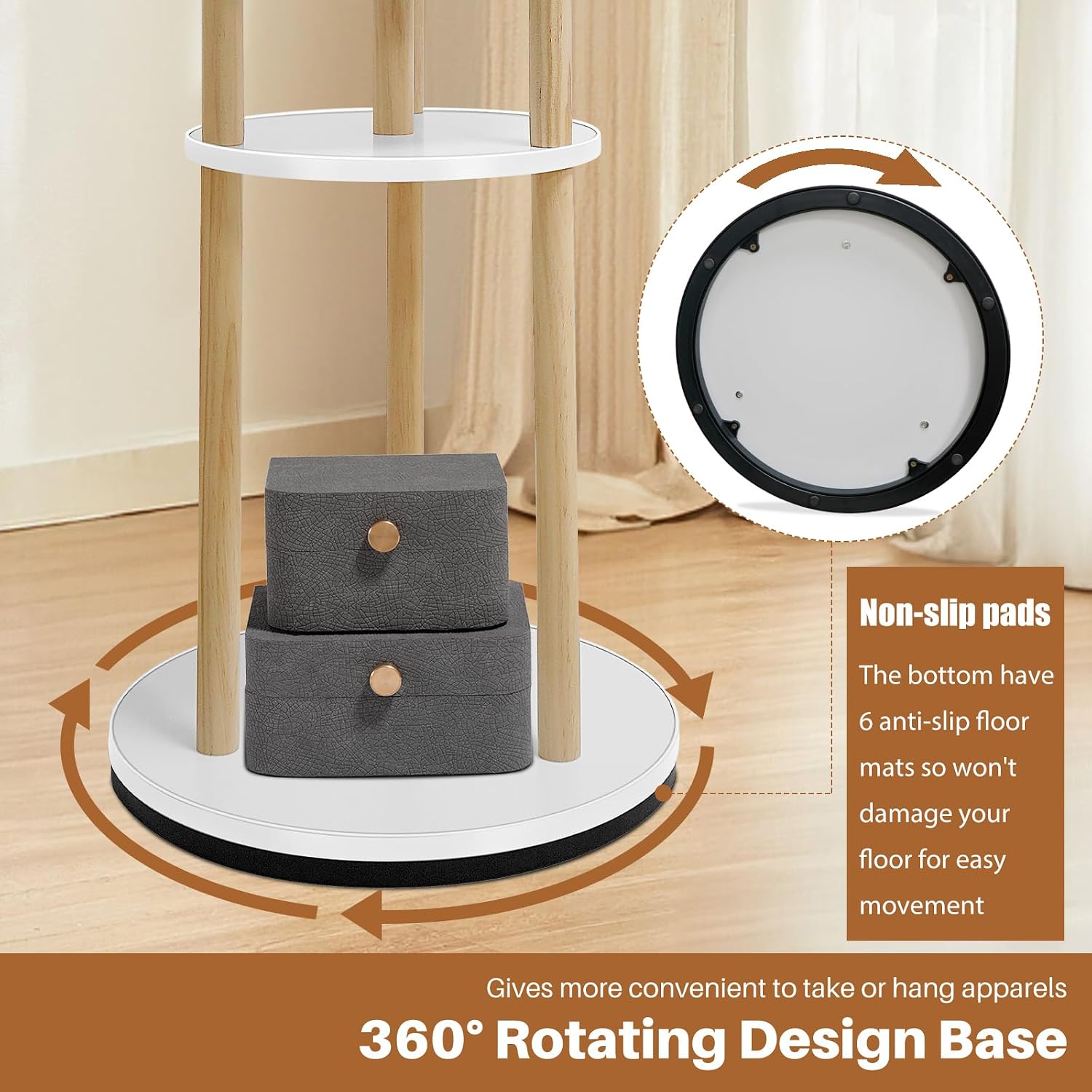 LIWSHWZ Rotary Coat Rack Freestanding,Solid Wood Coat Hanger Stand with 9 hooks & 3 Storage Shelves for Bedroom, Entryway, Livingroom