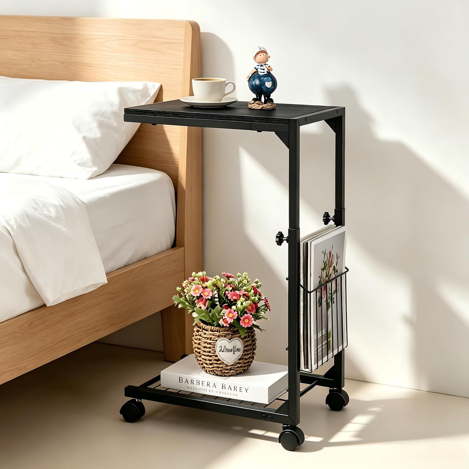 C Shaped End Table Small Side Table with Wheels Slide Under Couch Table for Sofa Adjustable Height C Table with Metal Frame for Living Room Bedroom Bedside, Black