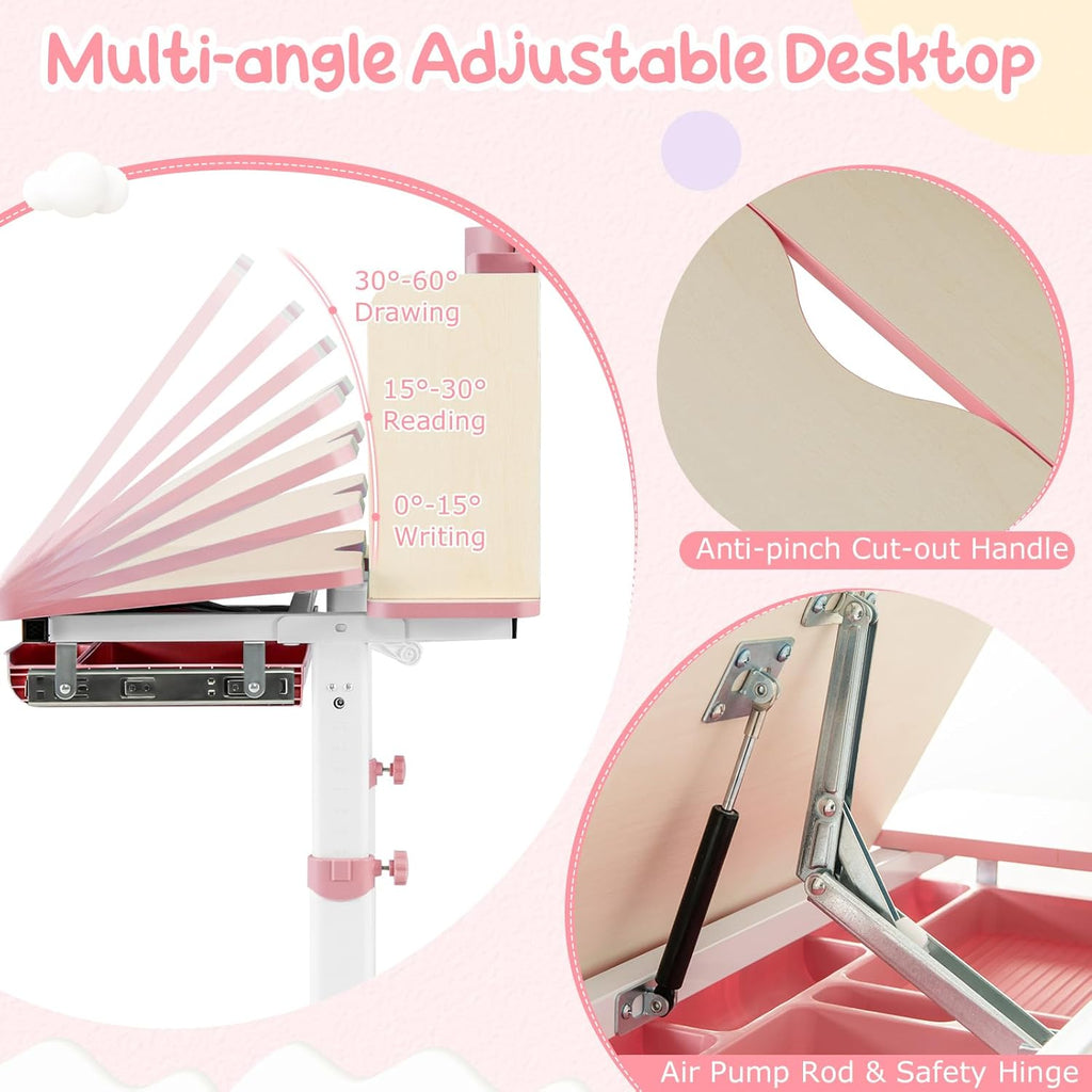 Costzon Kids Study Desk, Height Adjustable Children School Desk with Storage, Tilt Desktop, Pen Holder & Scale Ruler, Student Computer Desk Writing Table for Home School Use, Desk for Kids (Pink)