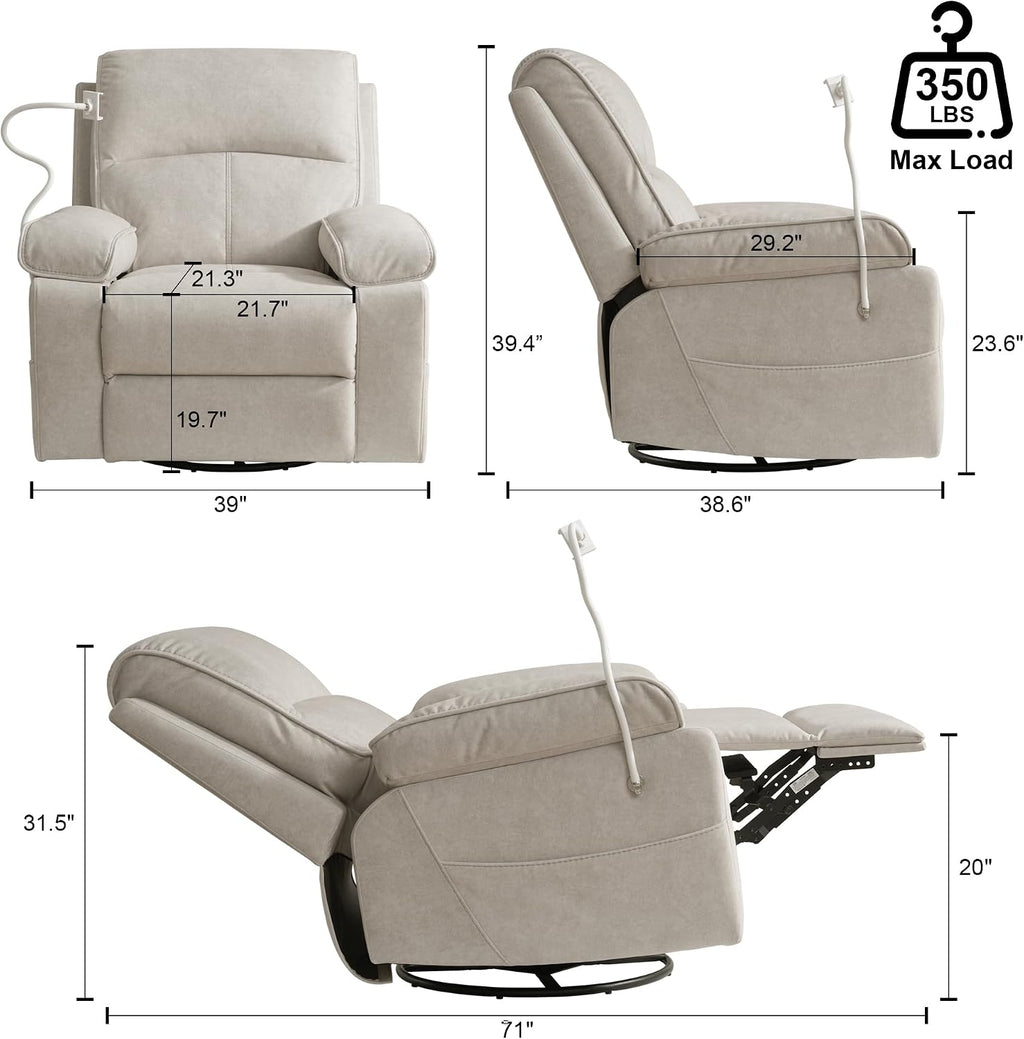 YuuYee Nursery Rocking Chairs Glider Recliner with Flexible Phone Holder, Oversized 360° Swivel Rocker Recliner, Comfortable Nursing Chair for Baby Breastfeeding, Manual Reclining, Velvet, Beige