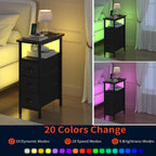 shtmec Narrow End Table Set of 2 with Charging Station, LED Side Tables Set 2 with Fabric Drawers, Small Bedside Tables Nightstands for Small Space, Slim Sofa Couch Table for Livingroom,Black