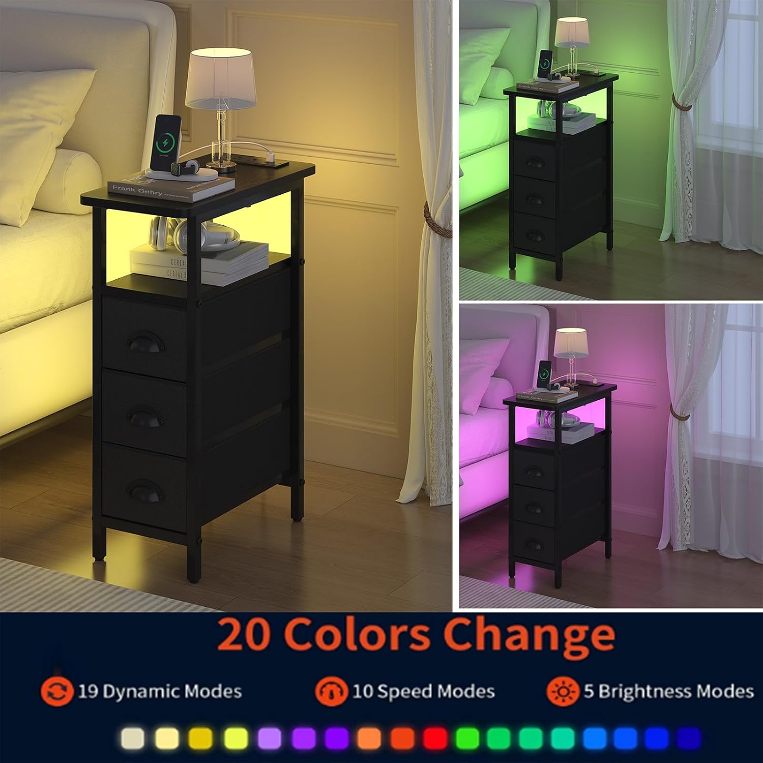 shtmec Narrow End Table Set of 2 with Charging Station, LED Side Tables Set 2 with Fabric Drawers, Small Bedside Tables Nightstands for Small Space, Slim Sofa Couch Table for Livingroom,Black