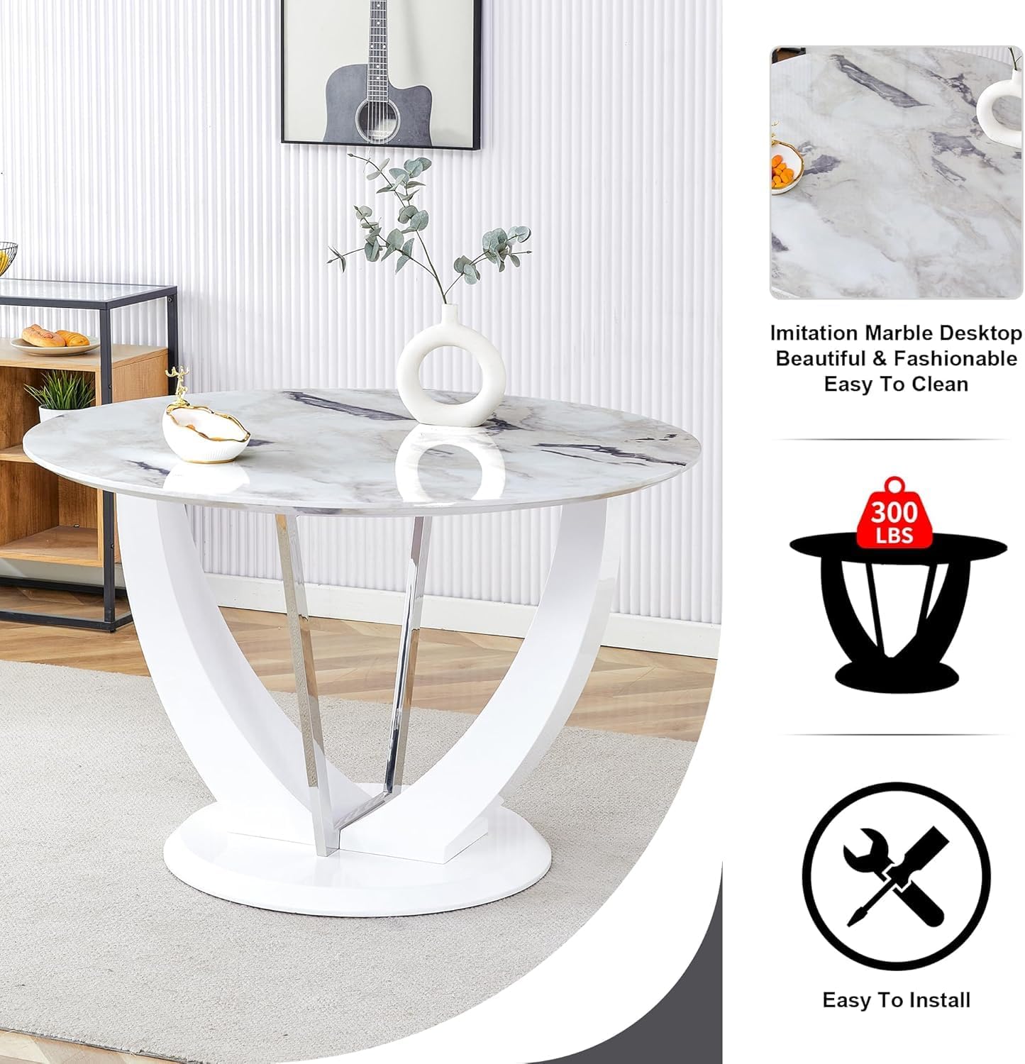 47" Round Dining Table Set for 4, Faux Marble Kitchen Table with 4 Upholstered Chairs, Modern High Glossy Base Table Set for Kitchen Dining Room