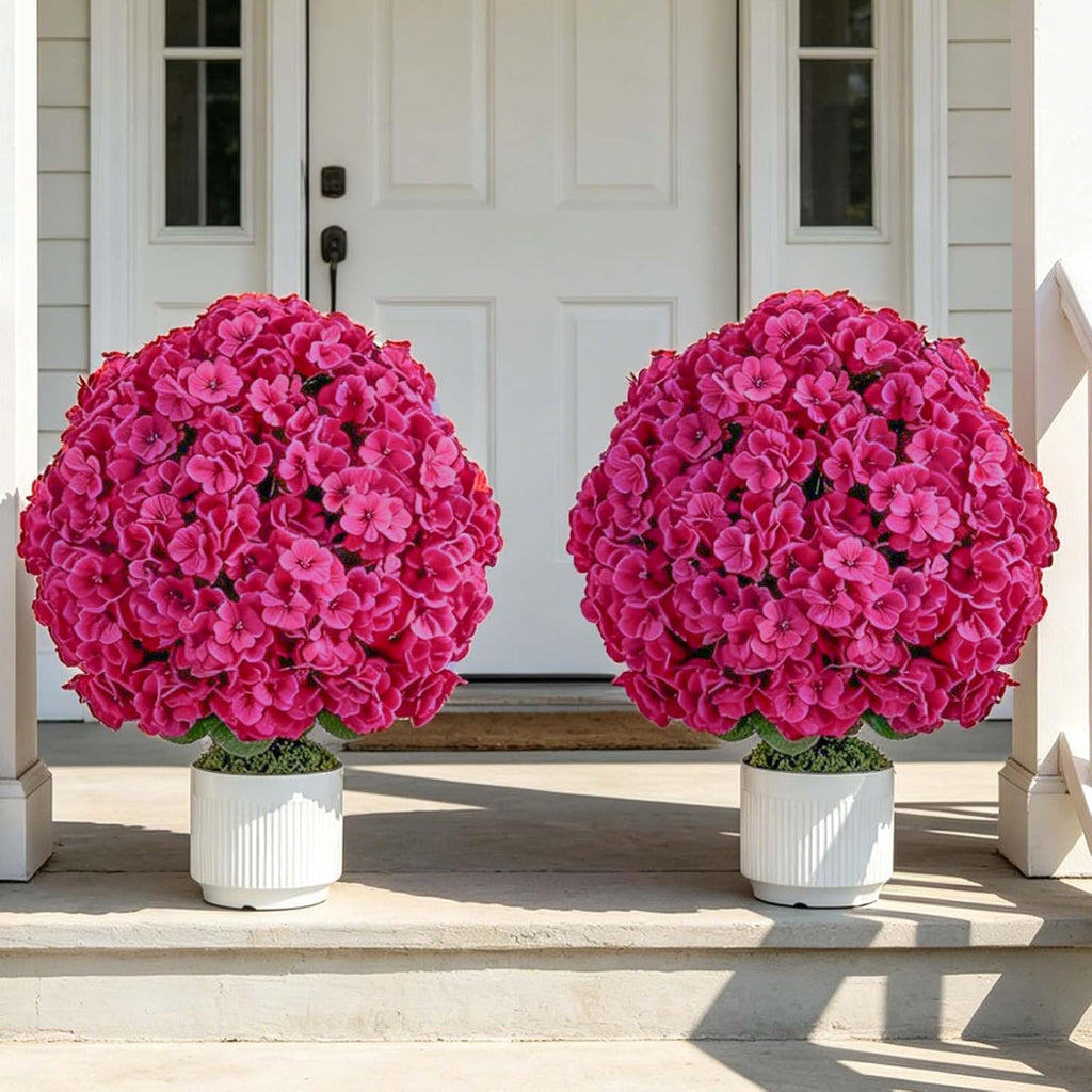 Faux Geraniums for Outdoor Planters: 26” Faux Flower Topiary Ball with Pot Set of 2 for Patio Porch - Hot Pink UV Resistant Silk Geraniums for Outdoors Front Door