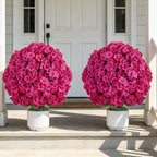 Faux Geraniums for Outdoor Planters: 26” Faux Flower Topiary Ball with Pot Set of 2 for Patio Porch - Hot Pink UV Resistant Silk Geraniums for Outdoors Front Door