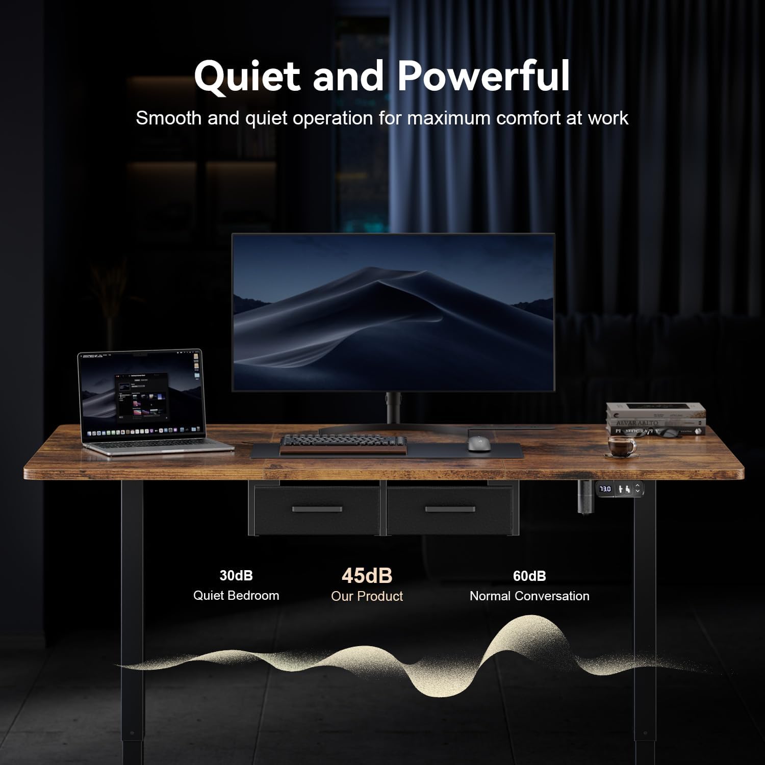 HLDIRECT Electric Standing Desk, Extra Large 71 x 31.5 Inches Height Adjustable Table with Outlets, Sit Stand Computer Desk with Drawers for Home Office, Ergonomic Rising Workstation, Rustic Brown