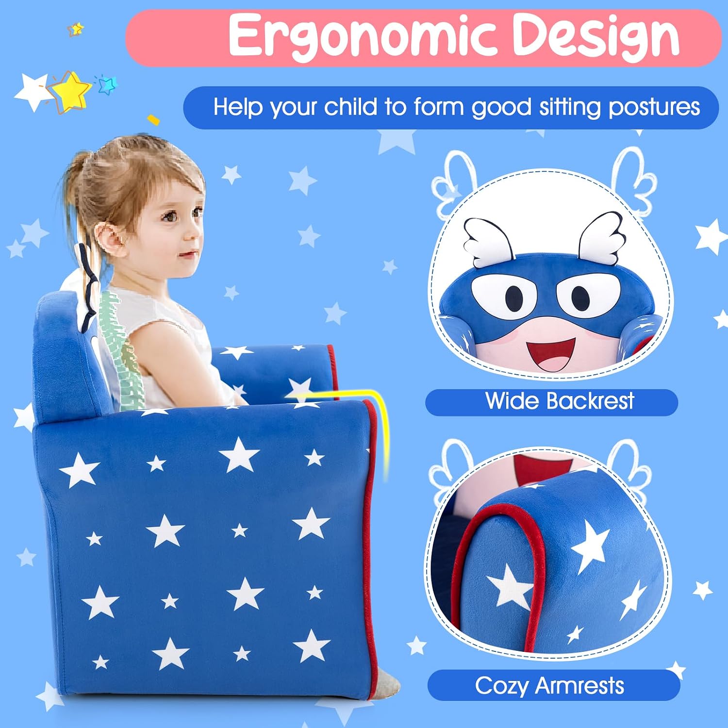 HONEY JOY Kids Couch, Toddler Sofa Armchair with Flyman Pattern, Children Mini Playroom Furniture, Sturdy Wooden Construction, Baby Small Armrest Chair, Lightweight Kids Sofa for Boys Girls (Blue)