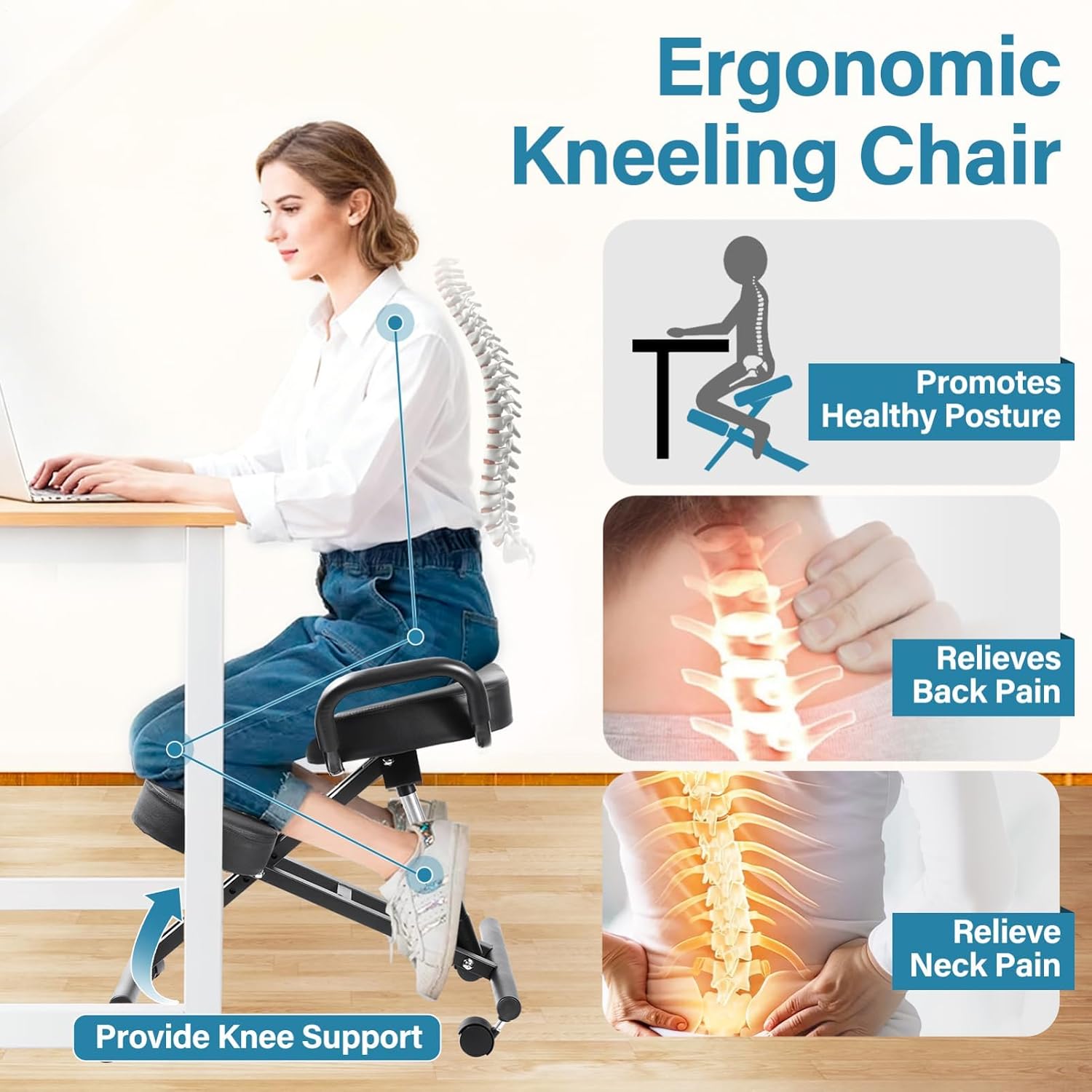 Ergonomic Kneeling Chair with Back Support, Office Kneeling Chair with Adjustable Height and Lumbar Support, Suitable for Banks, Conference Rooms, Offices, and Home Reception(Without Backrest)